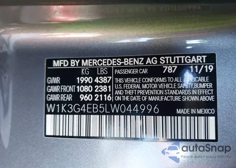 2020 Mercedes-Benz A 220 z USA, uszkodzony, nr VIN W1K3G4EB5LW044996